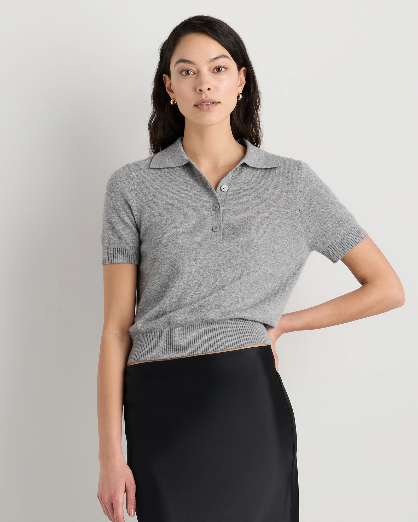 Mongolian Cashmere Short Sleeve Polo in Heather Grey, Size Xs
