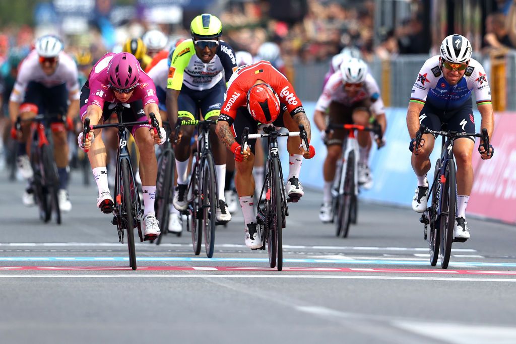 SCALEA ITALY MAY 12 LR Arnaud Demare of France and Team Groupama FDJ Purple Points Jersey Hailu Biniam Girmay of Eritrea and Team Intermarch Wanty Gobert Matriaux Caleb Ewan of Australia and Team Lotto Soudal and Mark Cavendish of United Kingdom and Team QuickStep Alpha Vinyl sprint at finish line during the 105th Giro dItalia 2022 Stage 6 a 192km stage from Palmi to Scalea Giro WorldTour on May 12 2022 in Scalea Italy Photo by Michael SteeleGetty Images