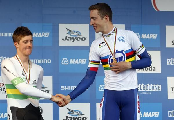 Luke Durbridge (Australia) chose not to acknowledge that Taylor Phinney (United States Of America) was poking out his tongue just a little as they congratulated one another on their first and second in the U23 men's time trial. The pair were split by just 1.9 seconds after 31.8 kilometres.