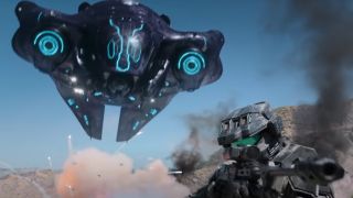 A Spartan soldier with a Covenant ship in the Halo trailer