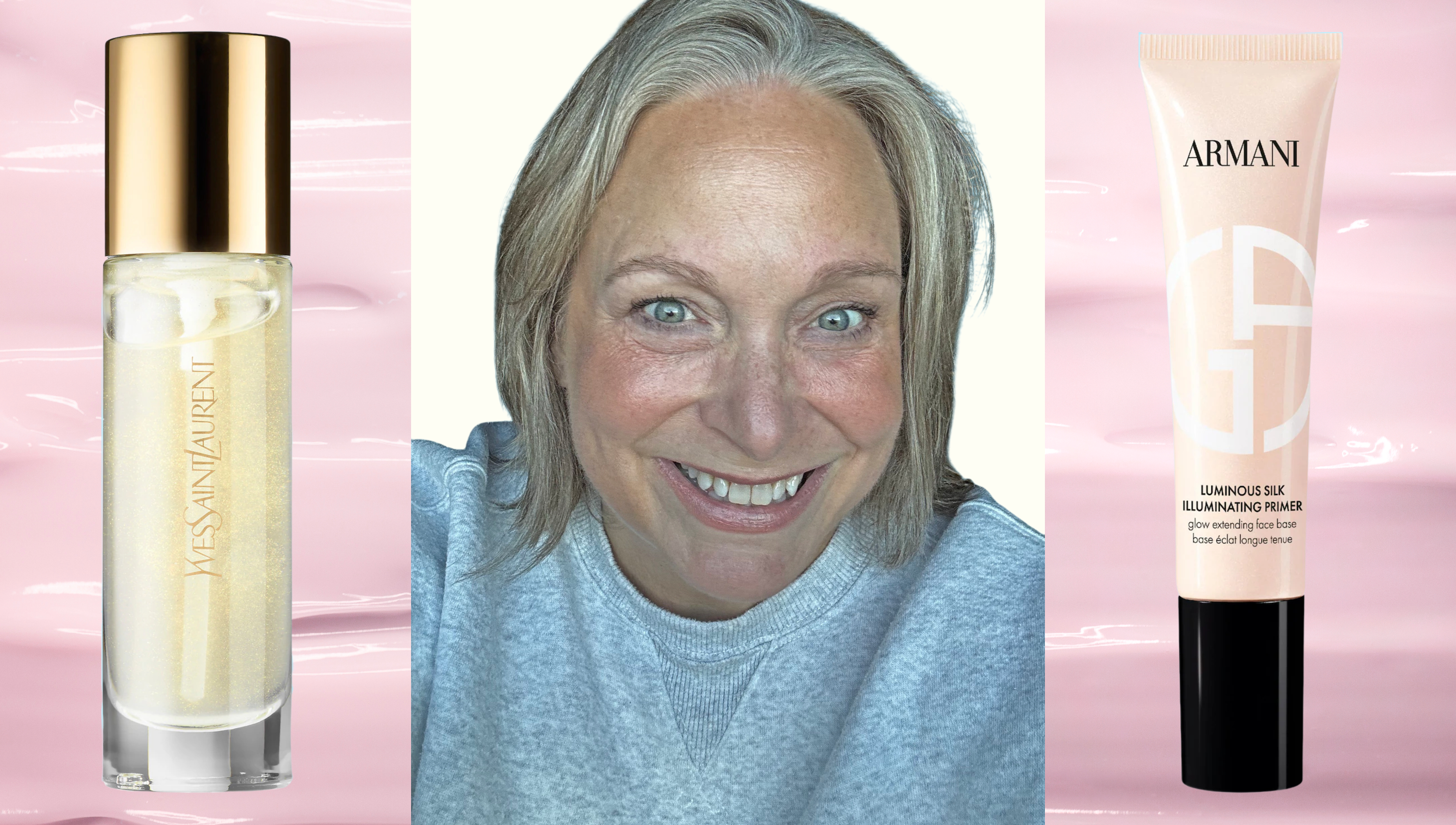 mature woman next to two primer products