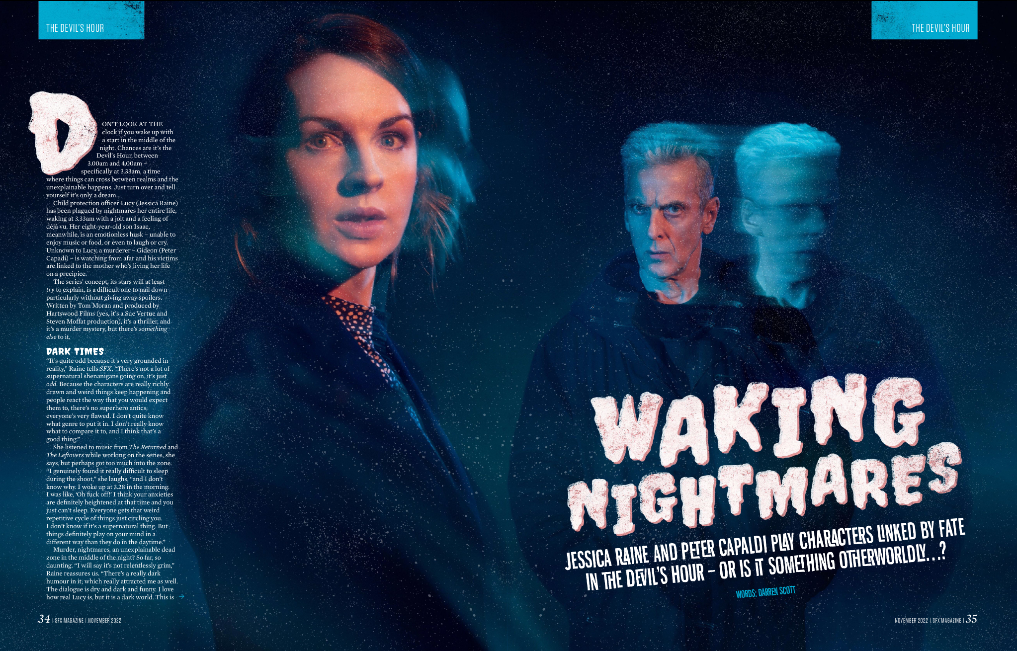 An alarmed Jessica Raine and a sinister-looking Peter Capaldi.