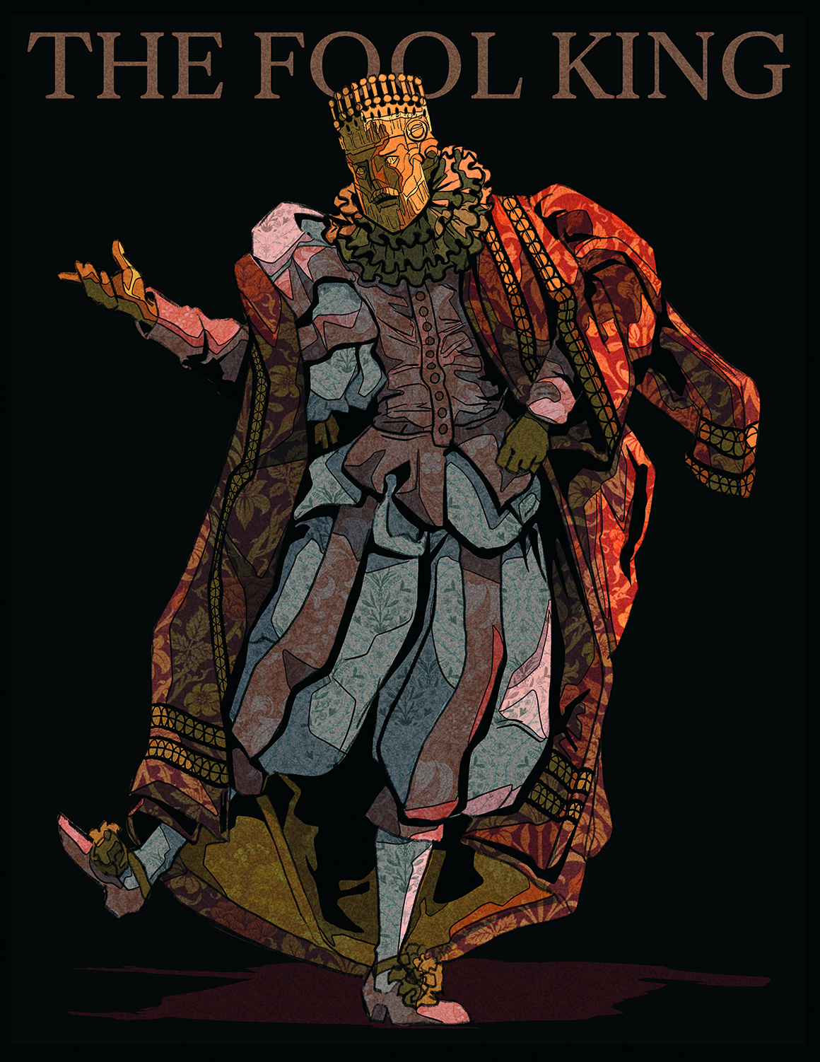 Digital character art that takes influences from Art Nouveau. Text reads 'The Fool King'