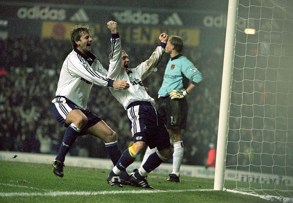 Sergei Rebrov of Tottenham Hotspur celebrates during the FA Carling Premiership match against Arsenal at White Hart Lane in London. The match was drawn 1-1. \ Mandatory Credit: Jamie McDonald /Allsport