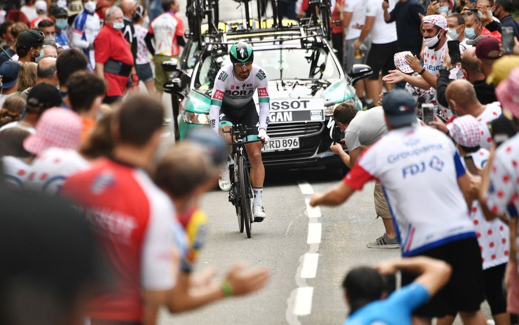 Team Bora rider Slovakias Peter Sagan competes during the 20th stage of the 107th edition of the Tour de France cycling race a time trial of 36 km between Lure and La Planche des Belles Filles on September 19 2020 Photo by AnneChristine POUJOULAT AFP Photo by ANNECHRISTINE POUJOULATAFP via Getty Images