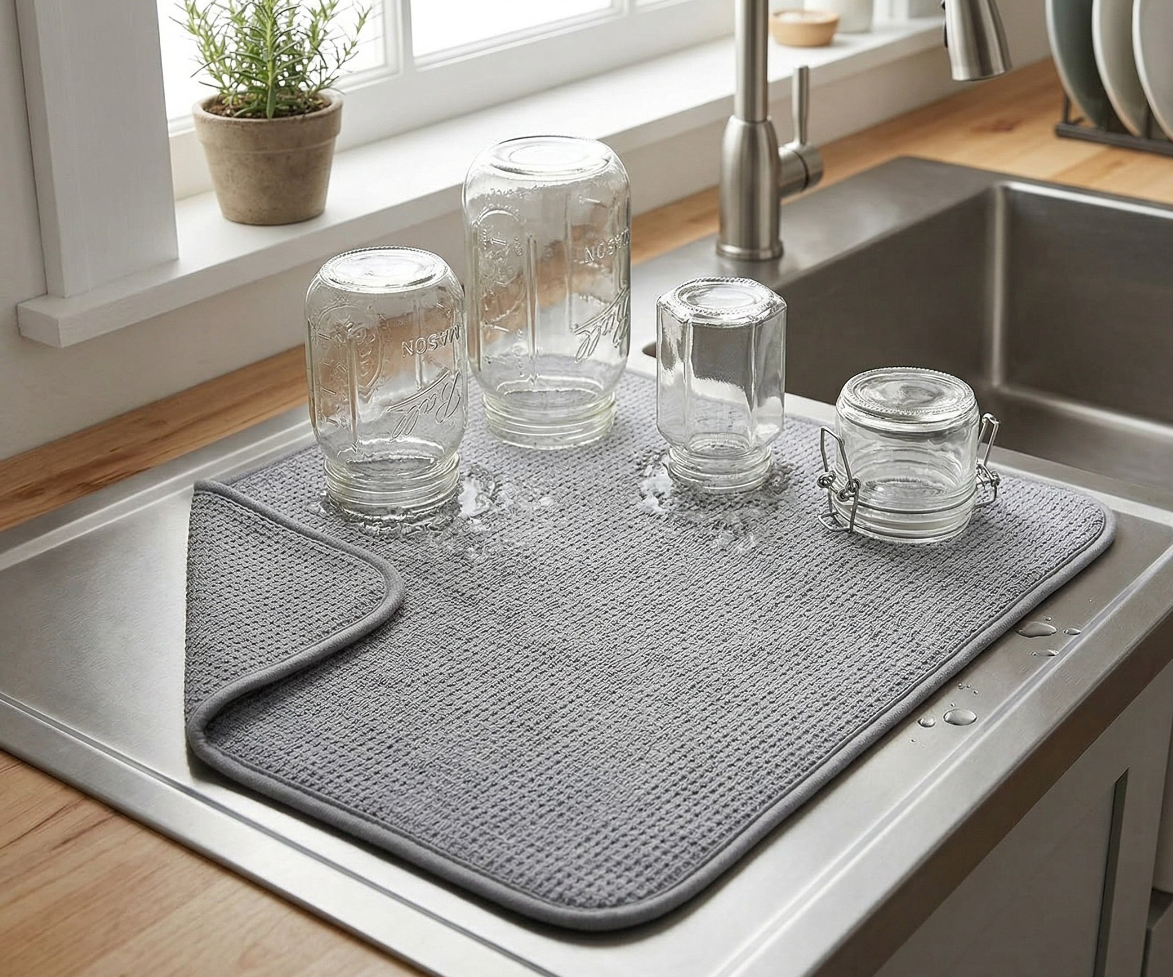 Empty glass jars draining on a microfibre dish drying mat on a sink draining board