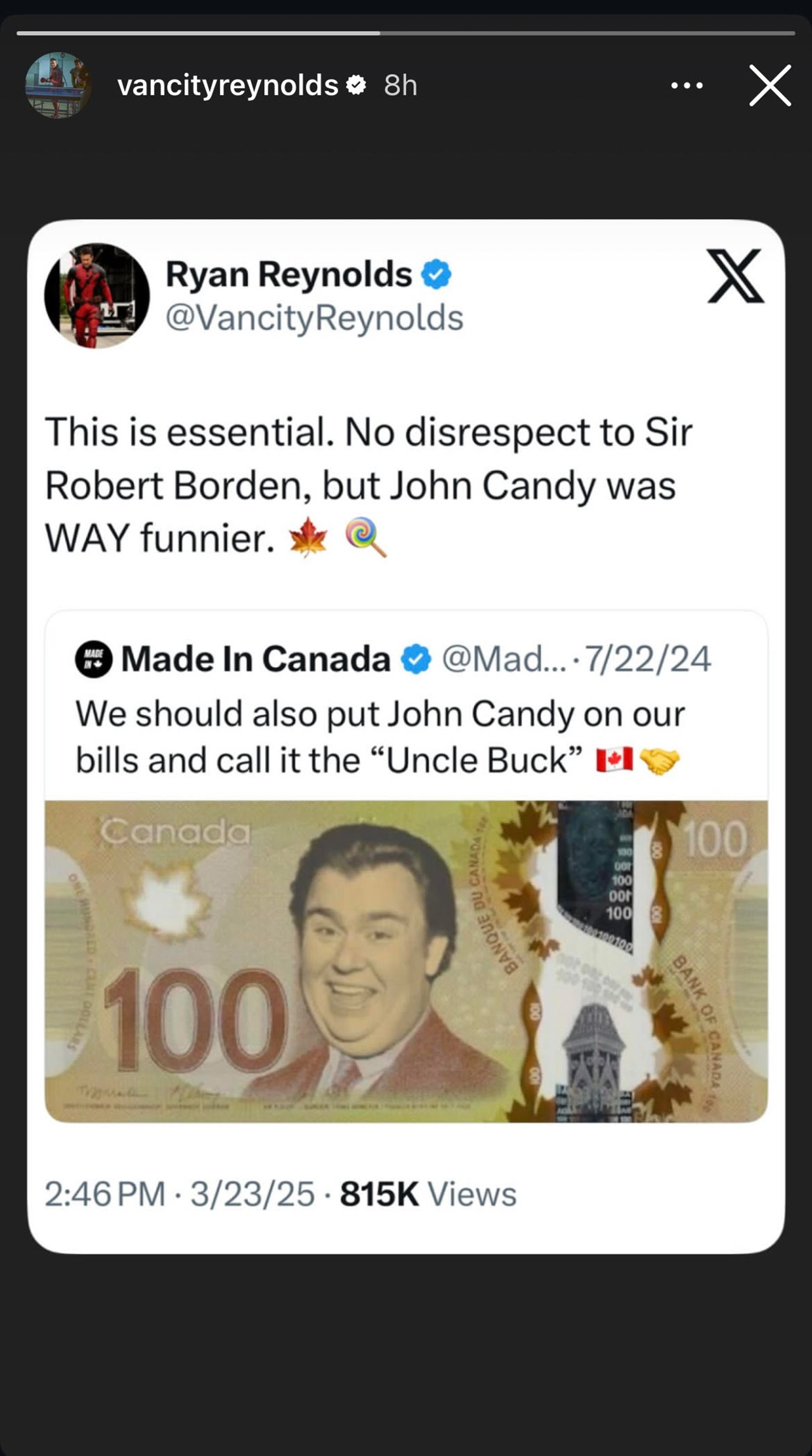The 100 dollar Canadian bill as reimagined with John Candy's face on it.