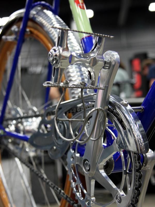 The pedals are based on new old stock Campagnolo Euclids but with custom cages made by Phil Wood and half-clips made by Ron Andrews of King Cage.