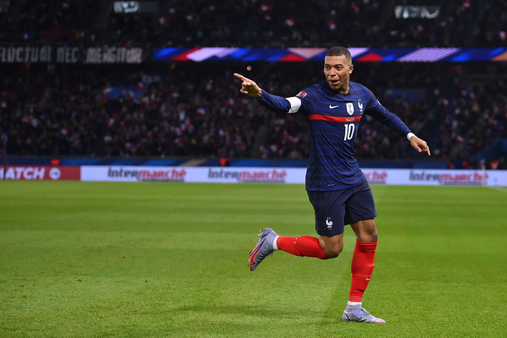 Kylian Mbappe of France reacts after scoring during the 2022 FIFA World Cup Qualifier match between France and Kazakhstan at Stade de France on November 13, 2021 in Paris.