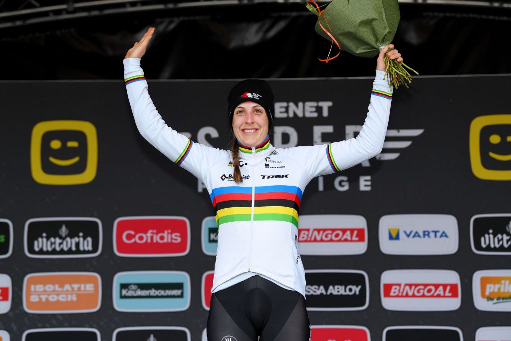 ZOLDER BELGIUM DECEMBER 27 Lucinda Brand of The Netherland and Team Baloise Trek Lions celebrates winning the race on the podium ceremony after the 17th Superprestige HeusdenZolder 2021 Womens Elite SuperprestigeCX SPHeusdenZolder on December 27 2021 in Zolder Belgium Photo by Luc ClaessenGetty Images