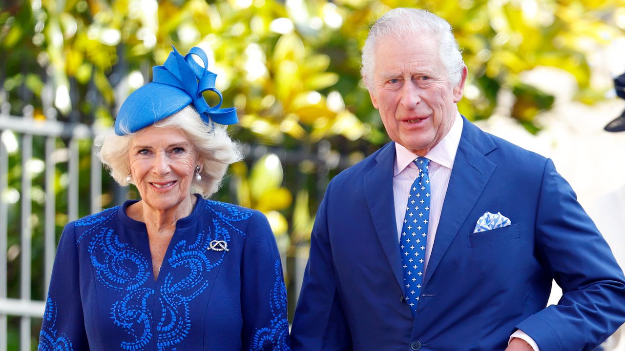 Camilla, Queen Consort and King Charles III attend the traditional Easter Sunday Mattins Service at St George&#039;s Chapel, Windsor Castle on April 9, 2023 in Windsor, England.