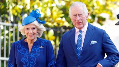 Camilla, Queen Consort and King Charles III attend the traditional Easter Sunday Mattins Service at St George's Chapel, Windsor Castle on April 9, 2023 in Windsor, England.