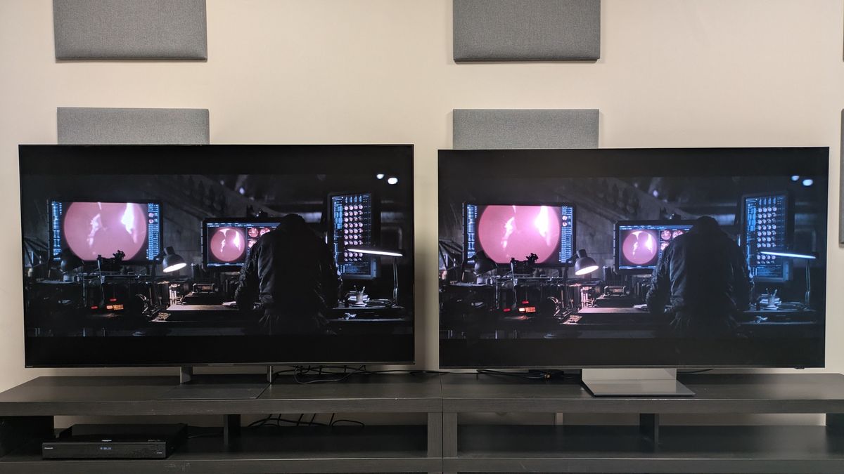 Sony Bravia 9 II vs Samsung R95H showing Bruce in the batcave in The Batman, in bright room. Both TVs render the picture in a bright room well