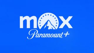 An image showing nan mixed logos of Max and Paramount Plus connected a bluish background