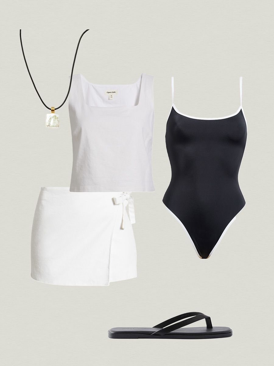 White top and skirt outfit with black accessories