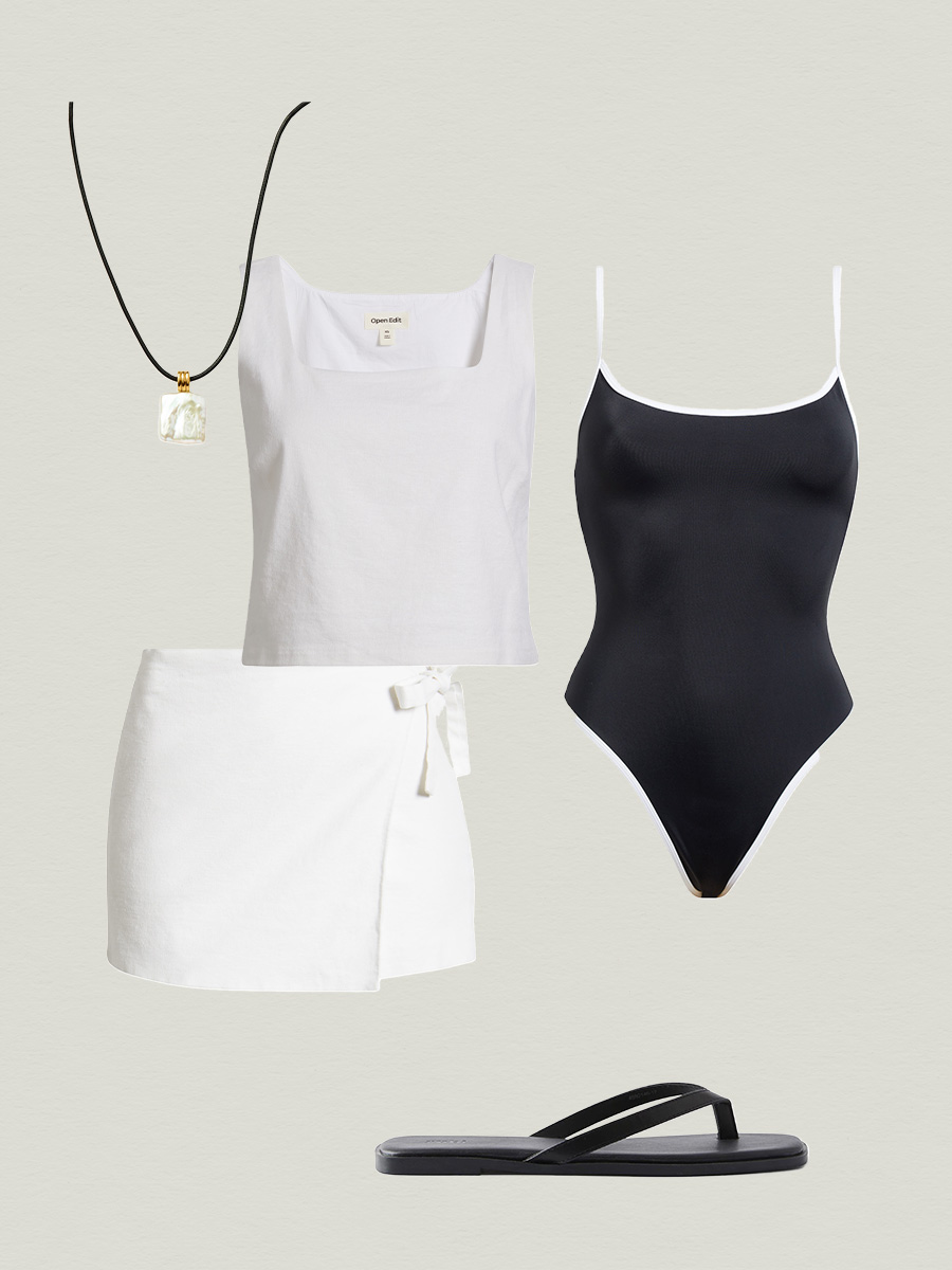 White top and skirt outfit with black accessories