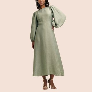 Flat lay image of woman wearing sage green dress