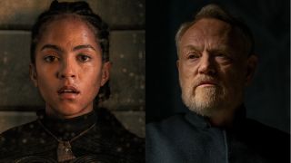 Lou Llobel shown drenched and concerned, next to a stoic and shadowy Jared Harris, in Foundation S3, E2 - "Shadows in the Math."