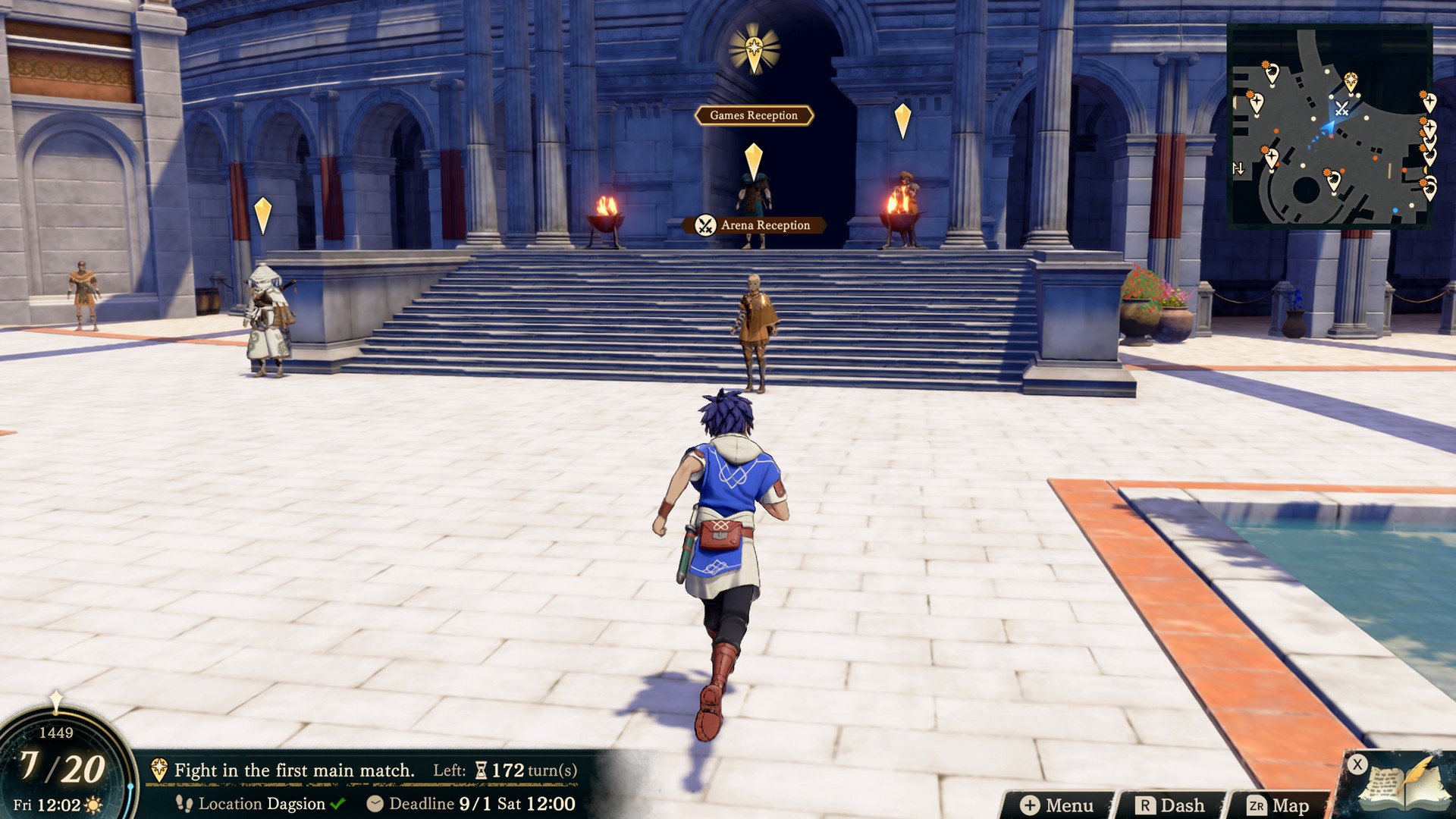 Cai runs towards the Arena's reception in Fire Emblem: Fortune's Weave