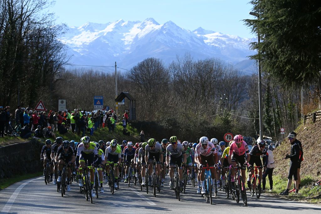 ORBASSANO ITALY MARCH 15 LR Loc Vliegen of Belgium and Team Intermarch Circus Wanty Tobias Ludvigsson of Sweden and Q365 Pro Cycling Team Greg Van Avermaet of Belgium and AG2R Citron Team James Shaw of The United Kingdom and Team EF EducationEasyPost and a general view of the peloton competing while fans cheer during the 104th MilanoTorino 2023 a 192km one day race from Rho to Orbassano MilanoTorino on March 15 2023 in Orbassano Italy Photo by Tim de WaeleGetty Images