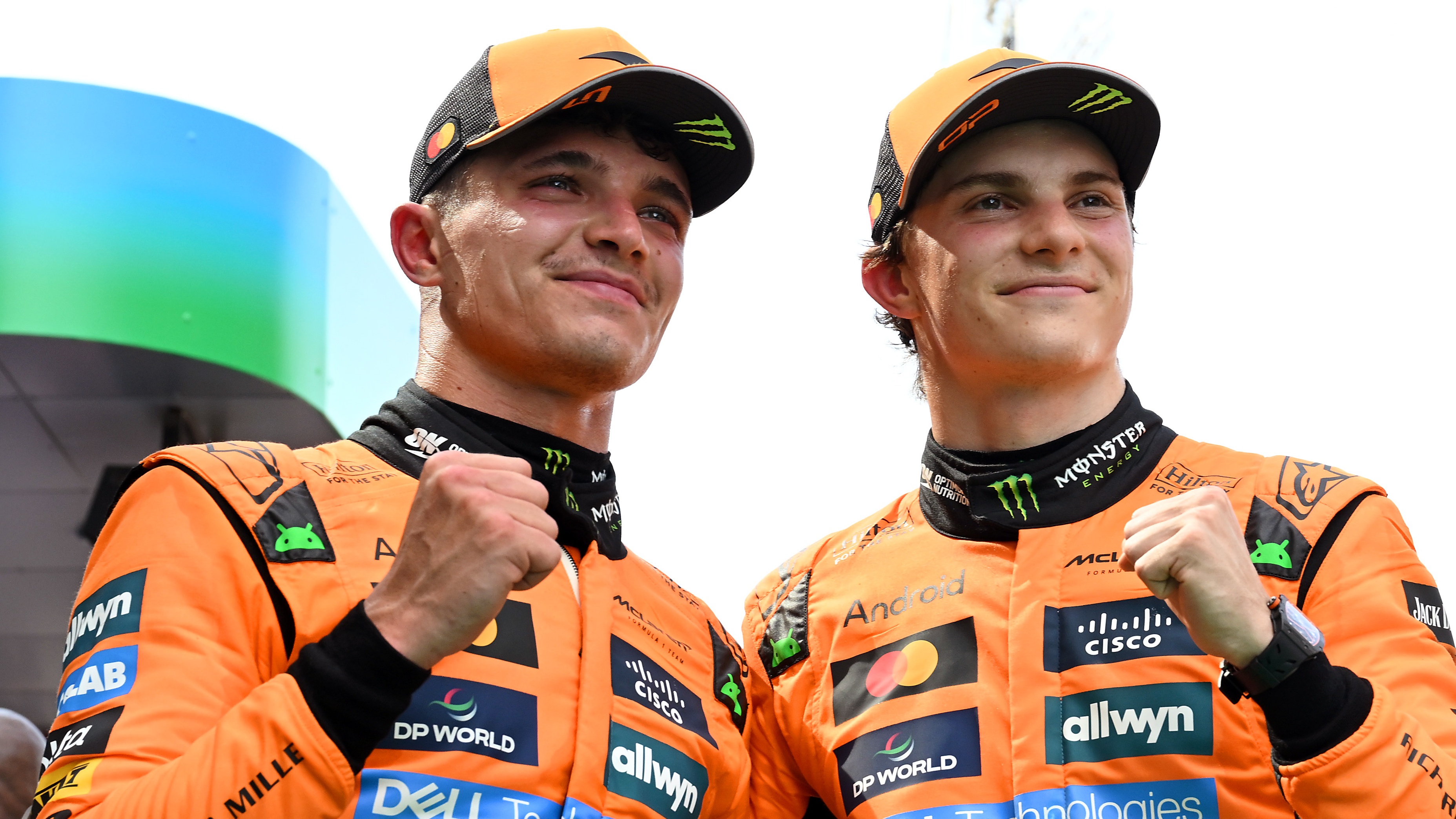Race winner Oscar Piastri of Australia and McLaren and Second placed Lando Norris of Great Britain and McLaren celebrate in parc ferme during the F1 Grand Prix of Spain at Circuit de Barcelona-Catalunya on June 01, 2025 in Barcelona, Spain.