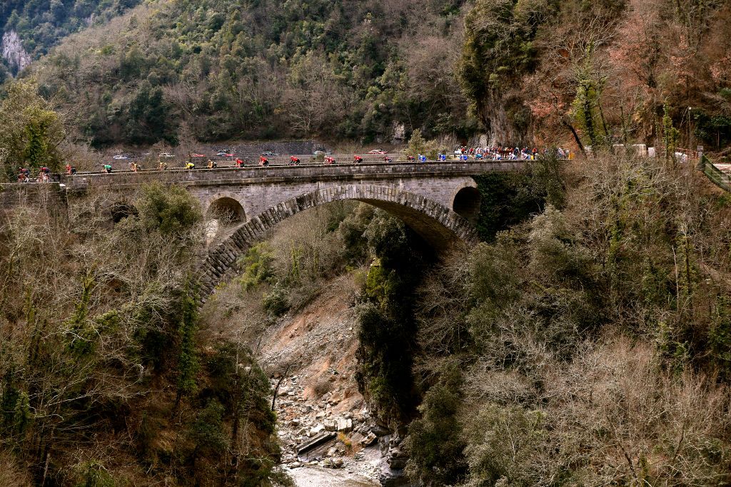 COL DE TURINI FRANCE MARCH 12 A general view of Primoz Roglic of Slovenia and Team Jumbo Visma yellow leader jersey and the peloton passing through a landscape during the 80th Paris Nice 2022 Stage 7 a 1555km stage from Nice to Col de Turini 1605m ParisNice WorldTour on March 12 2022 in Col de Turini France Photo by Bas CzerwinskiGetty Images