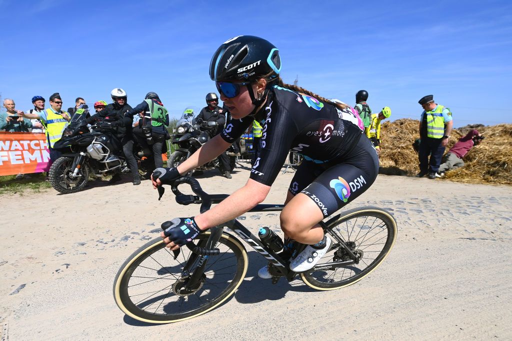 ROUBAIX FRANCE APRIL 16 Charlotte Kool of Netherlands and Team DSM competes passing through a dusty cobblestones sector during the 2nd ParisRoubaix 2022 Womens Elite a 1247km one day race from Denain to Roubaix ParisRoubaixFemmes ParisRoubaix on April 16 2022 in Roubaix France Photo by Tim de WaeleGetty Images