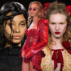 A collage of images from Yohji Yamamoto S/S 26, Rodarte S/S 19, and Margot Robbie prior to a Wuthering Heights press event.