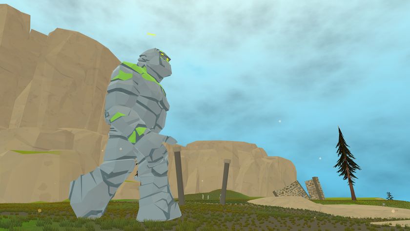 a stone giant walks on a field near a cliff