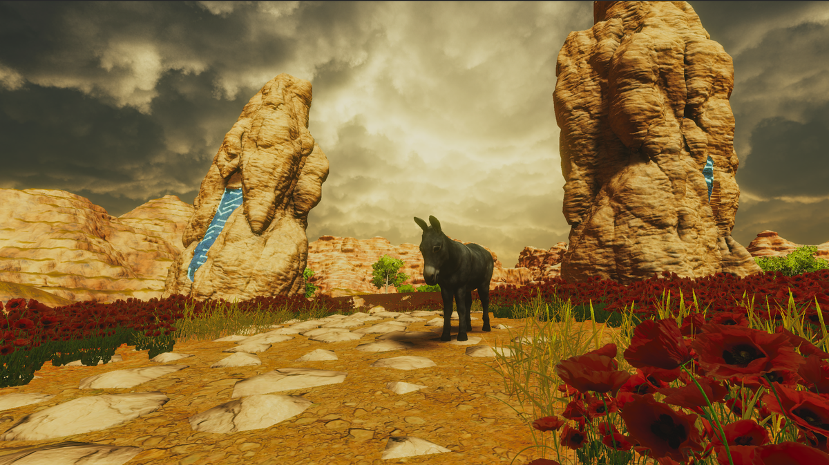 Assess.masses game art; screens of a video game featuring a donkey in an dusty open world
