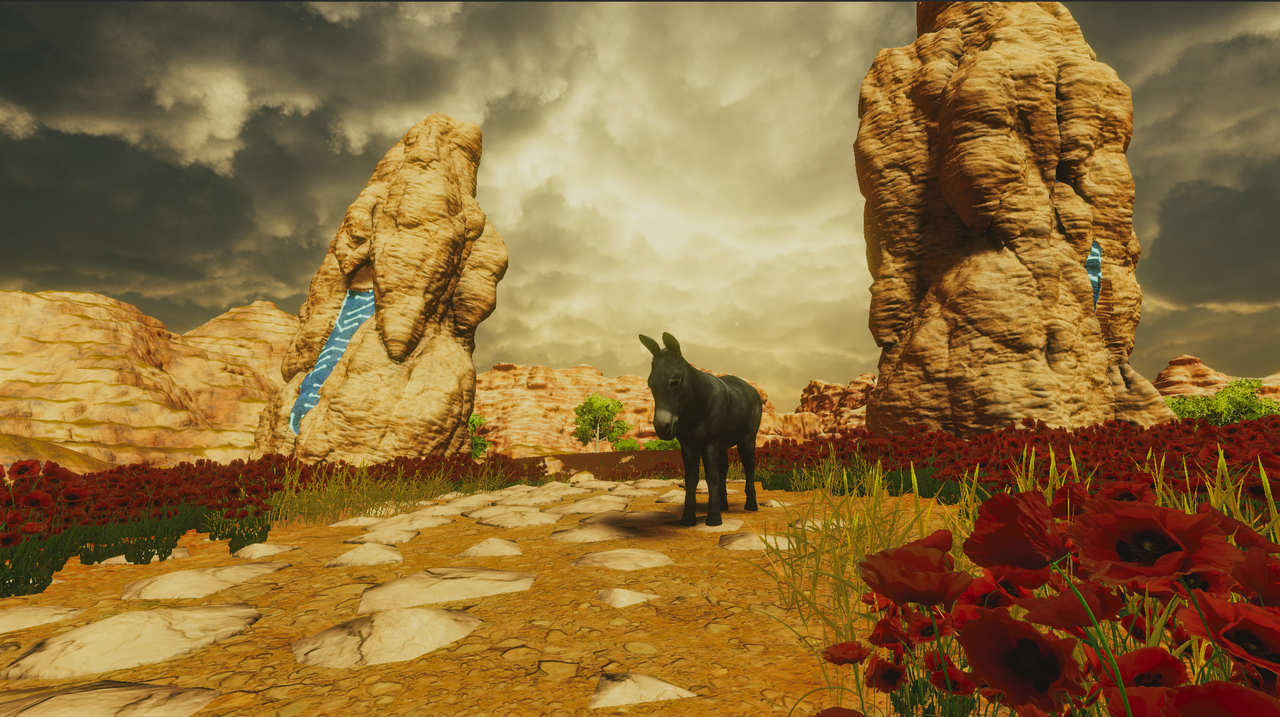 Assess.masses game art; screens of a video game featuring a donkey in an dusty open world