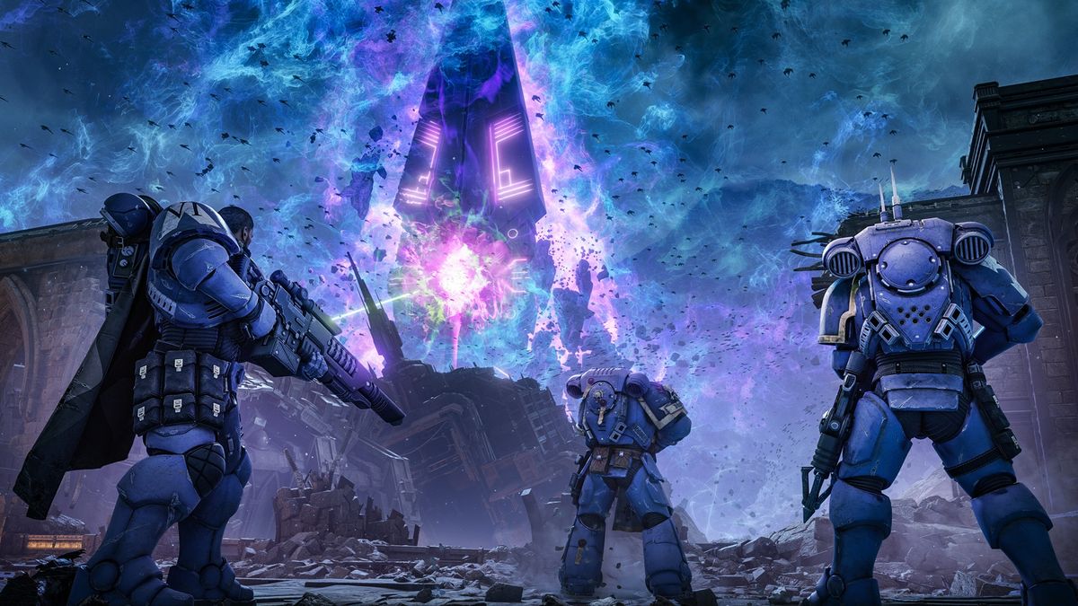 Three marines standing in front of a purple energy obelisk in Warhammer 40,000: Space Marine 2