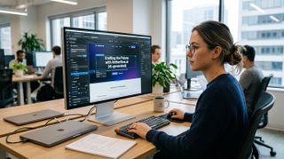 A woman sat at a desk editing an AI generated website