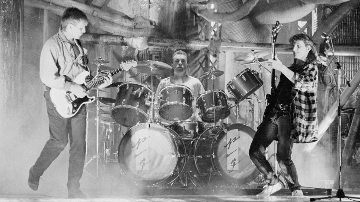 Rush in 1984, shooting a video in London