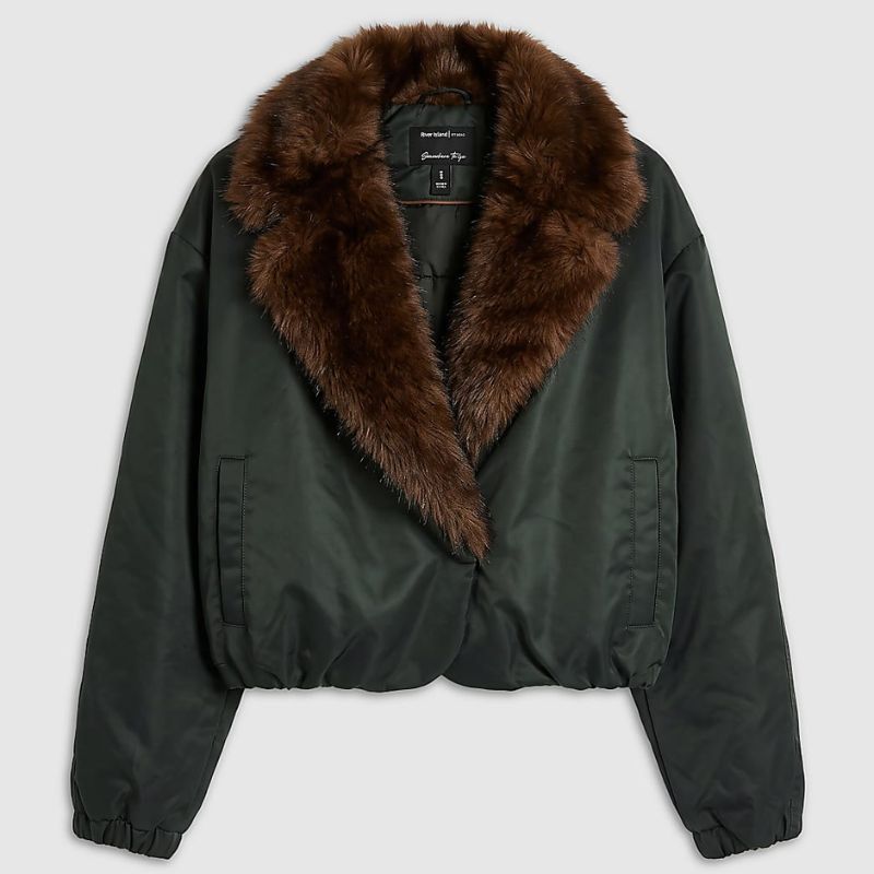 Khaki Fur Shawl Collar Padded Jacket cut out