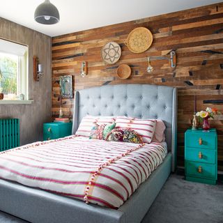 colourful bedroom with wood panelling