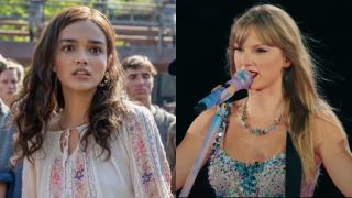 From left to right: A press image of Rachel Zegler in The Ballad of Songbirds and Snakes and a screenshot of Taylor Swift during the Eras Tour.