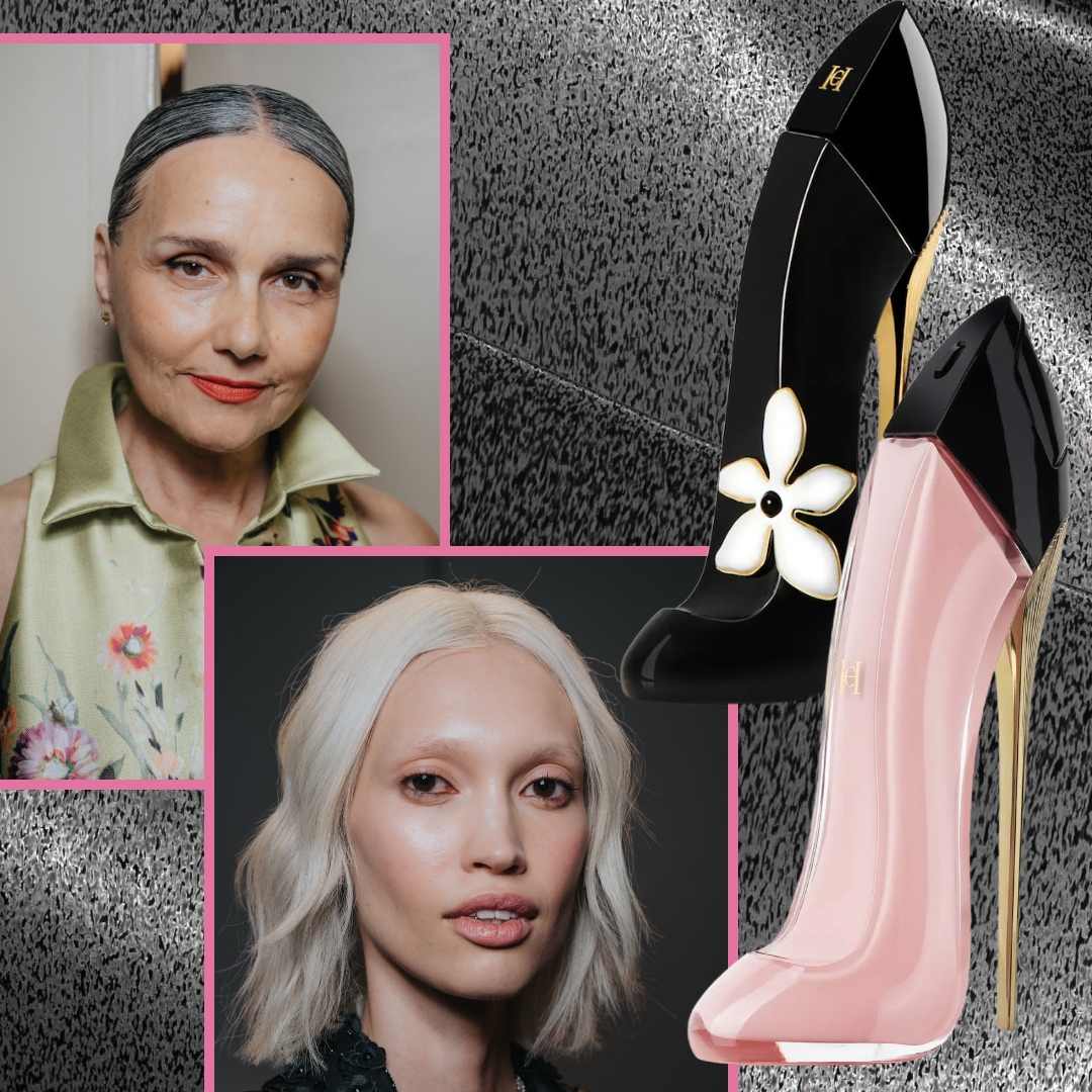 two women on a black background next to carolina herrera fragrances