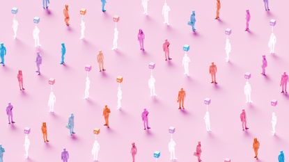 A CGI representation of AI agents, shown as semi-transparent people stood in a giant crowd of colorful silhouettes, shot from above on a pink background.