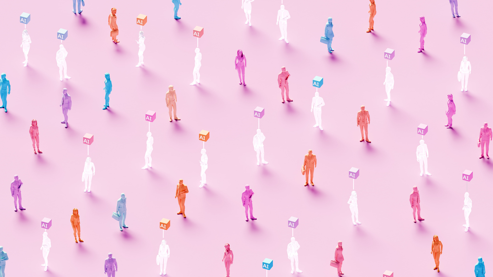A CGI representation of AI agents, shown as semi-transparent people stood in a giant crowd of colorful silhouettes, shot from above on a pink background.
