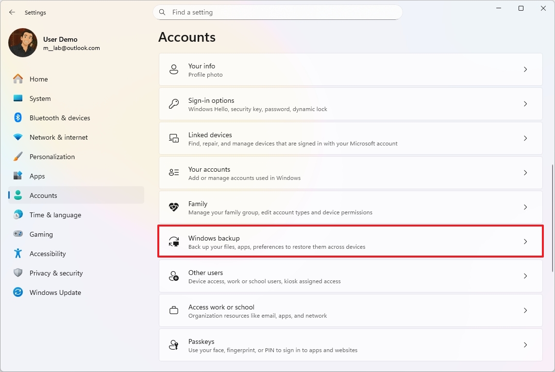 Windows Backup settings