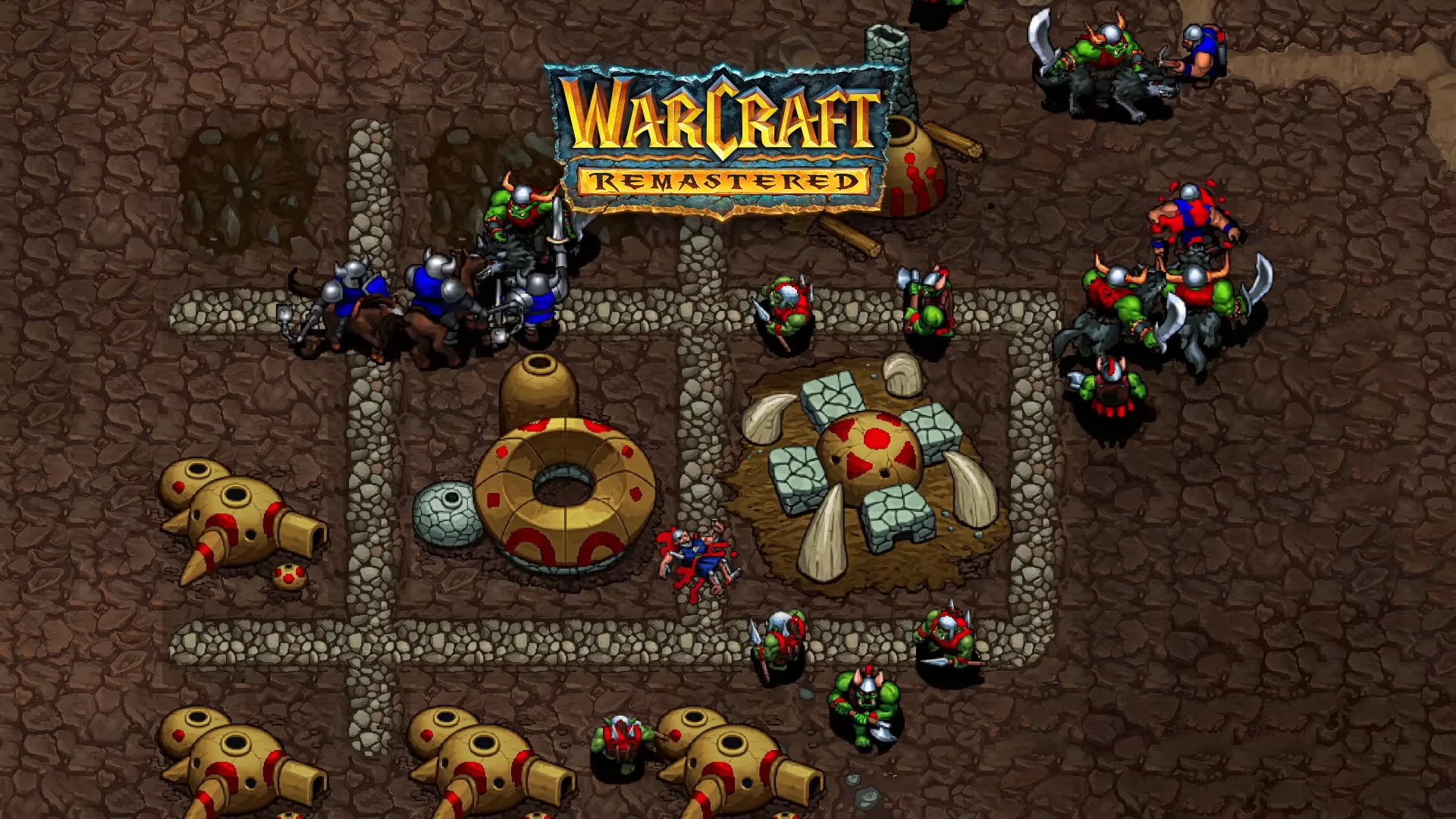 Trailer screenshot of Warcraft 1: Remastered showcasing a fight between humans and orcs