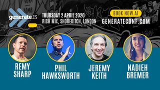 An image promoting GenerateJS on Thursday 2 April 2020 at Rich Mix, Shoreditch, London featuring Remy Sharp, Phil Hawksworth, Jeremy Keith and Nadieh Bremer.