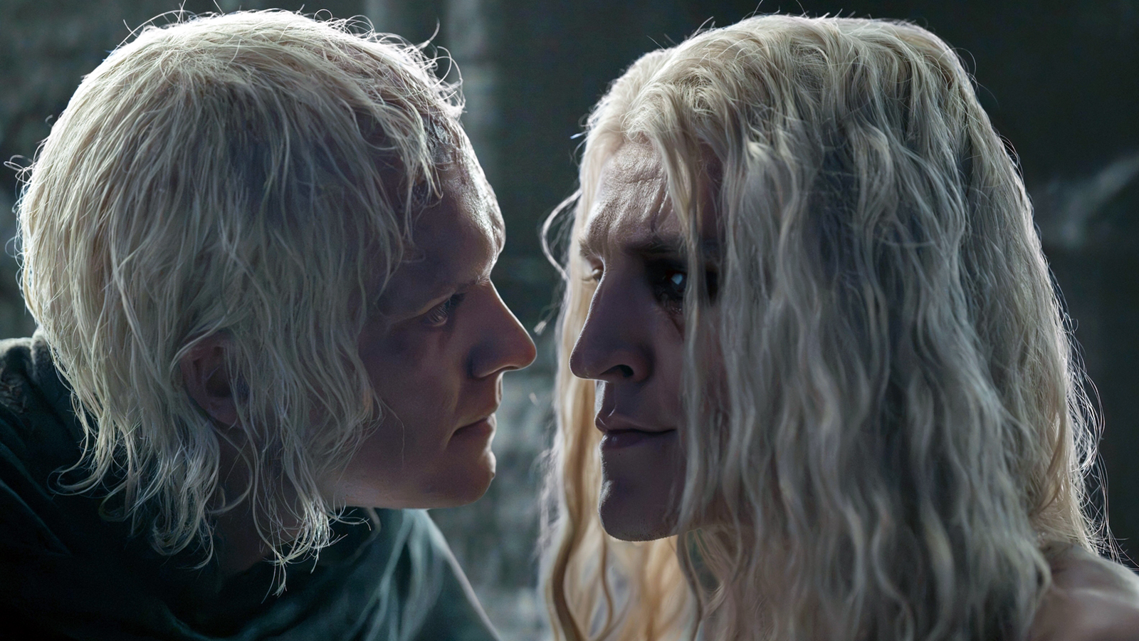 A close-up of Aegon II and Aemond with their faces very close together in House of the Dragon season 3 episode 8