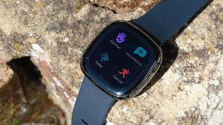 Fitbit Sense laid on a stone wall