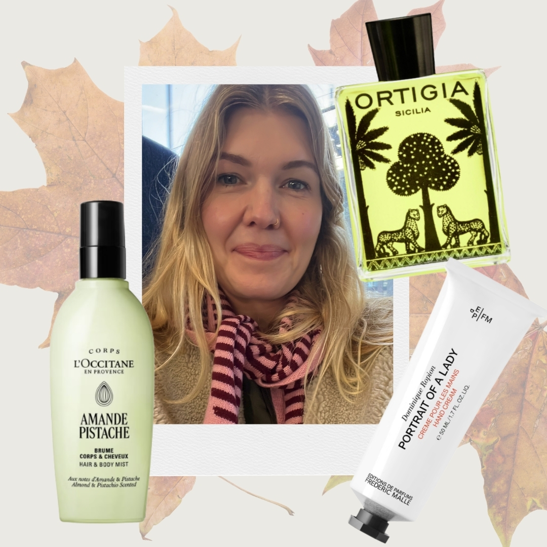 A collage featuring a picture of Digital Beauty Channel Editor, Fiona McKim alongside her autumn body care picks from L'Occitane, Ortigia and Frederic Malle on a cream template with an autumn leaf overlay