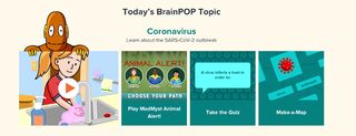 BrainPOP screenshot: showing coronavirus topic, video and quiz