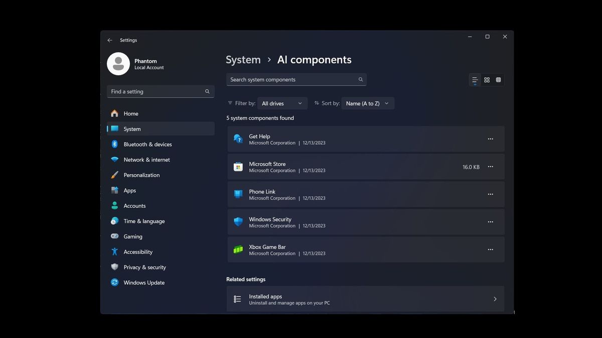 Windows AI Components setting