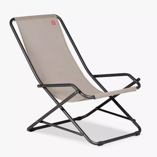 A folding deckchair with black metal frame and light grey upholstery.