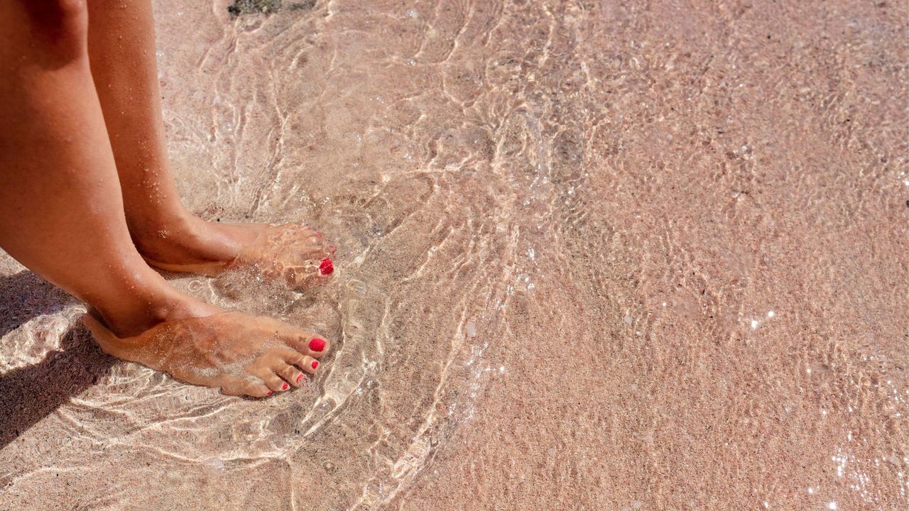 french pedicure - Woman&#039;s pedicure in the water and sand at the beach - gettyimages 1353071606